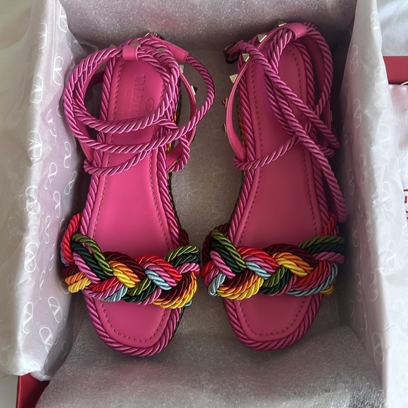 Valentino Garavani Braided Multi Color Rockstud Wedge Espadrille Sandals - Picture 3 of 10